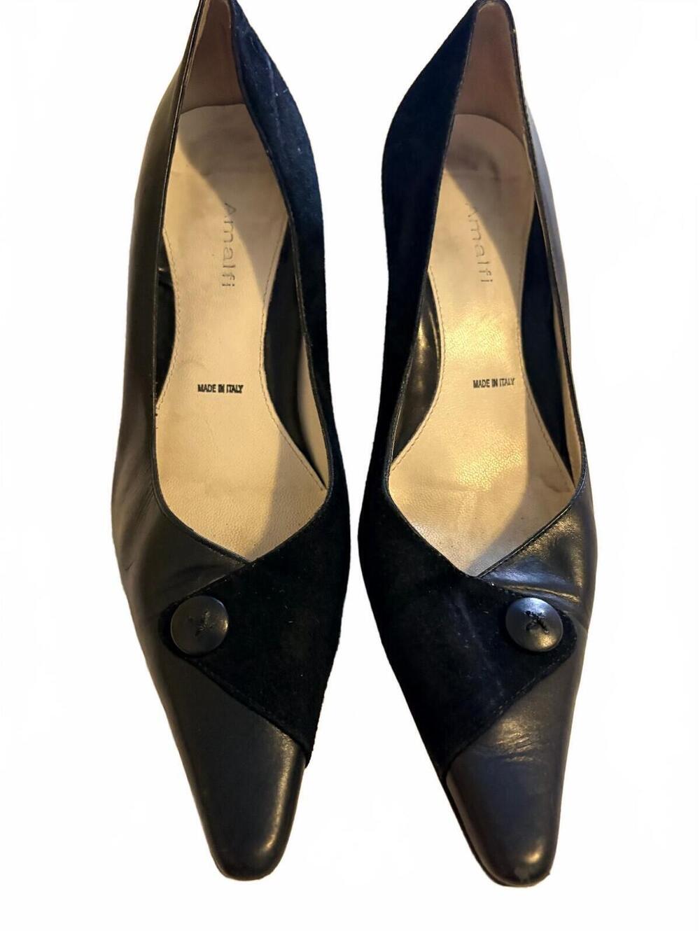 Brunate Italian Black Leather and Suede Kitten Heel Pumps